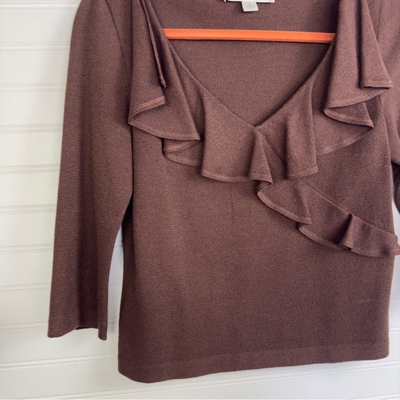 St. John Collection By Marie Gray, Size 4 Vintage Brown Knit Ruffle Top Sweater - Picture 3 of 9